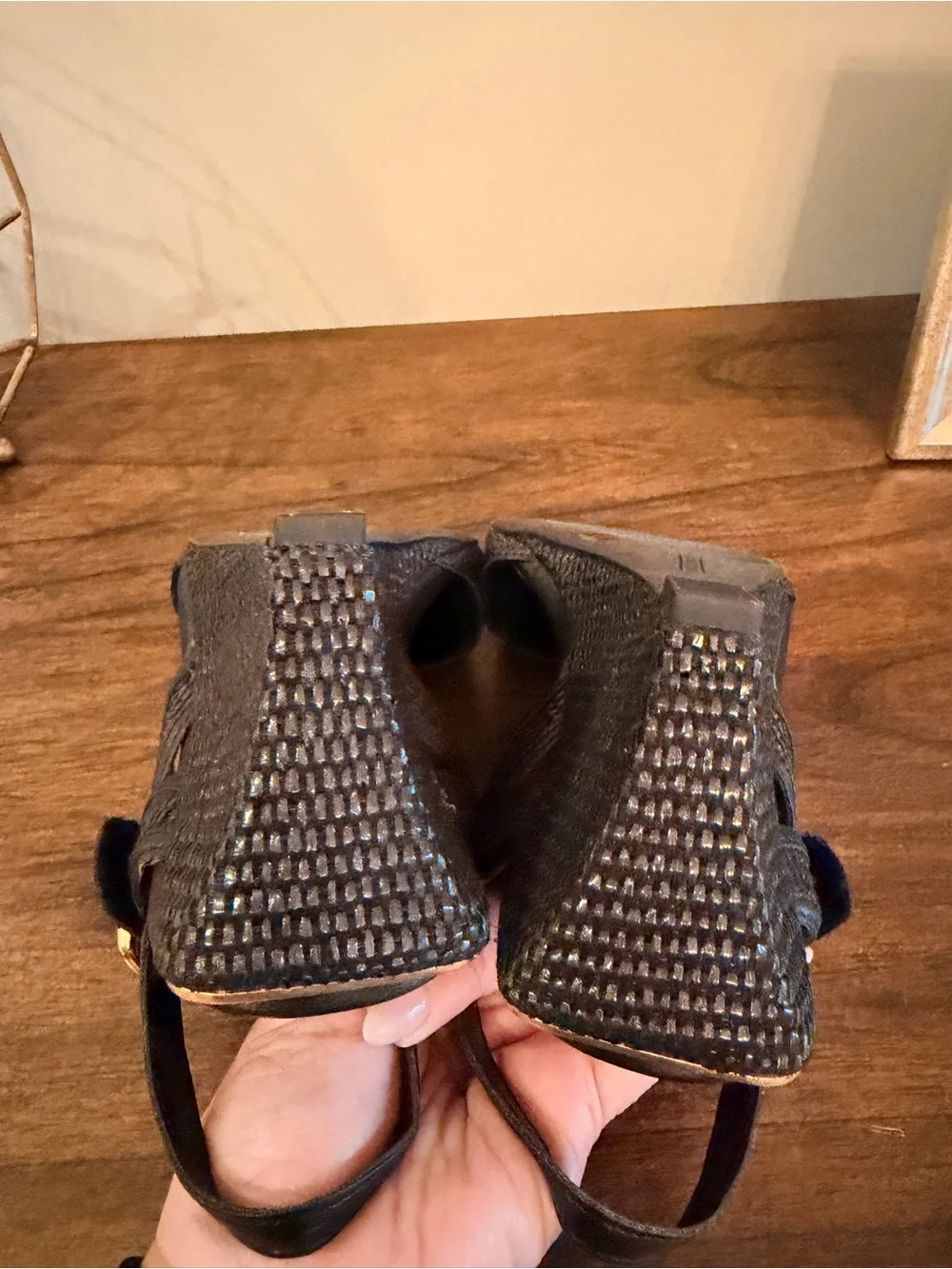 Vince Camuto Black Woven Slingback Wedge with Gold Buckle -Helcy Style